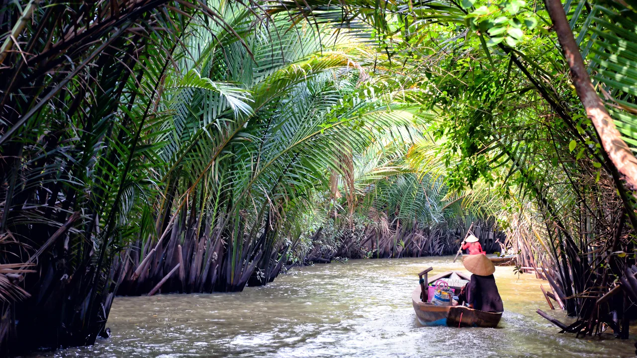 Schmaler Kanal im Mekong-Delta mit Ruderboot unter Nipapalmen